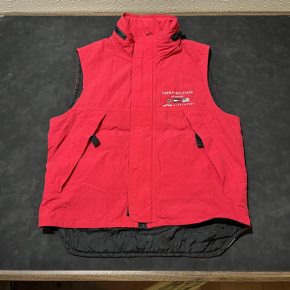 Tommy Hilfiger Vest Mens Cargo Ski Alpine Quilted Lined Zip Pockets Hoodie Neck
